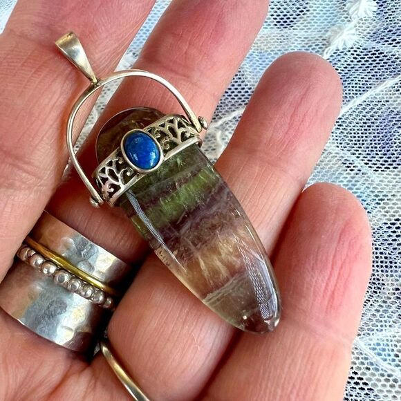 Genuine Fluorite & Lapis Lazuli Goddess Pendant Sterling Articulating Bail - Picture 2 of 10